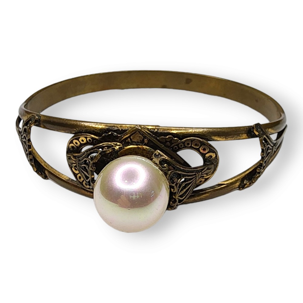 Nemco Bangle Brass‎ 8" Gold Faux Pearl Vintage Art Deco Jewelry Bracelet